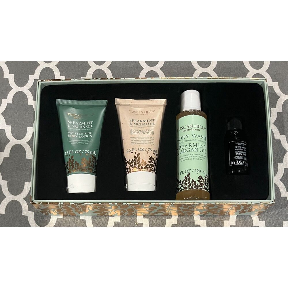 Tuscan Hills 4-Piece Luxury Body Care Gift Set Spearment & Argan Oil New